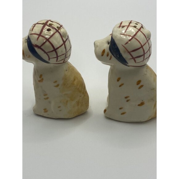 Vintage Ceramic Dog Salt & Pepper Shakers With Plaid Caps occupied Japan - Picture 10 of 13